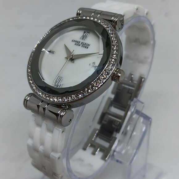 Anne Klein 12/2317 Women's 32mm Silver Tone + Ceramic Watch + Bracelet Set - Picture 1 of 11
